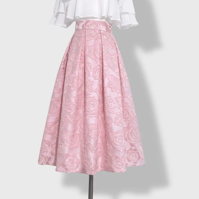 

​ ​ Розовая юбка-трапеция с высокой талией и 3D-принтом роз, элегантный цветочный дизайн для женщин, женственная милая, идеально подходит для повседневной носки ​ ​