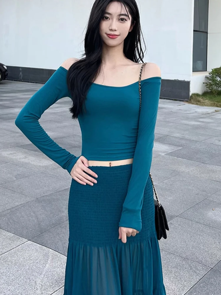 

Модный весенний комплект для женщин: облегающая футболка с длинным рукавом и юбка с высокой талией Pure Desire Shoulder