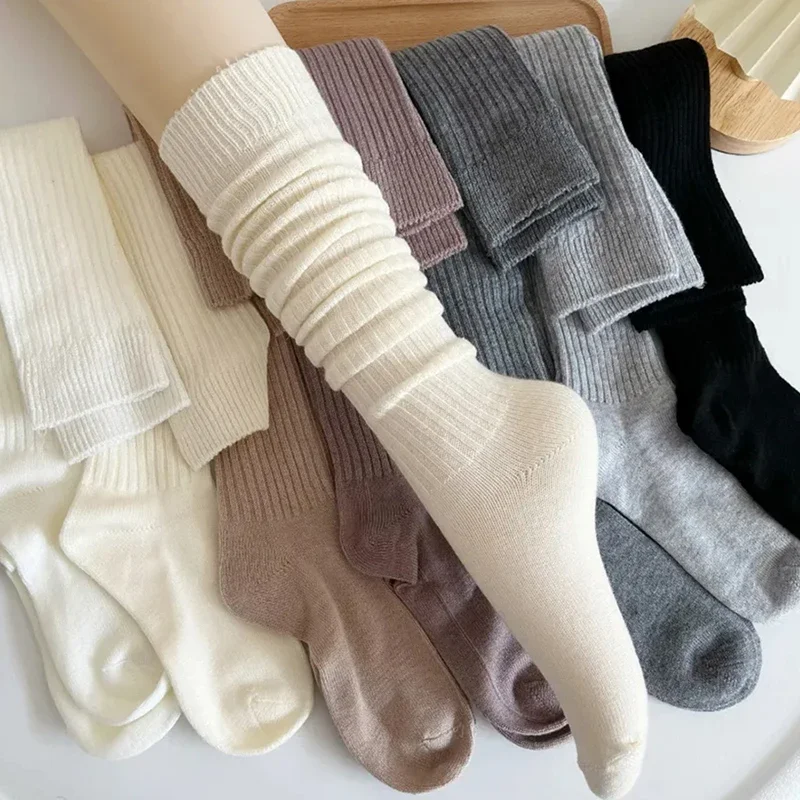 Calf Socks Autumn/Winter Thickened Coffee Colored Stacked Socks Japanese Knee Length Socks Double Needle Socks For Women