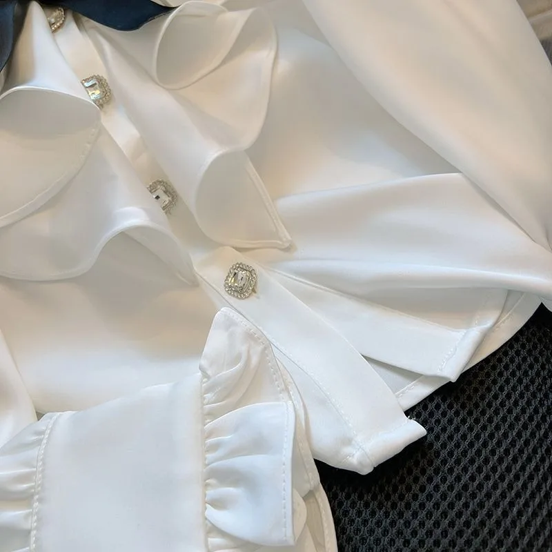 Turn Down Collar Ruffles Patchwork Bowknot Shirts Vintage Court Style Sweet Design Sense Blouses Single-breasted Chic Blusas
