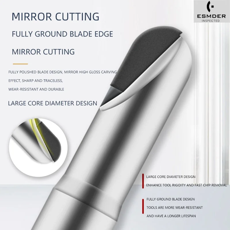 PCD เพชรปลายจมูก R1 R1.5 R2 R2.5 R3 R4 R5 R6 R8 R10 R12 R20 มม. ขลุ่ยเดี่ยวเครื่องกลึง CNC Milling เครื่องตัดเครื่องมือ 50L 75L