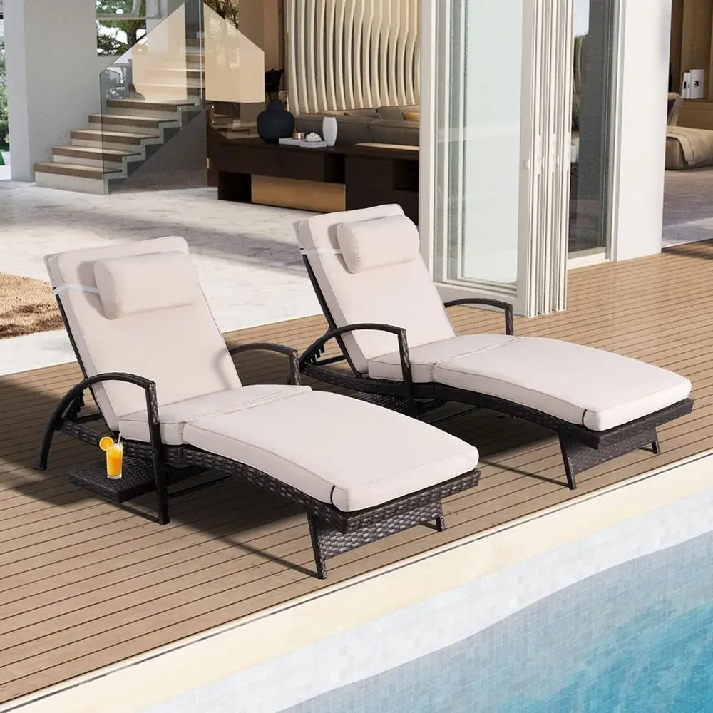 

2-Piece Outdoor Reclining Chaise Lounge Set with Side Table, Adjustable Backrest, Weather-Resistant Wicker, Removable Cushion fo