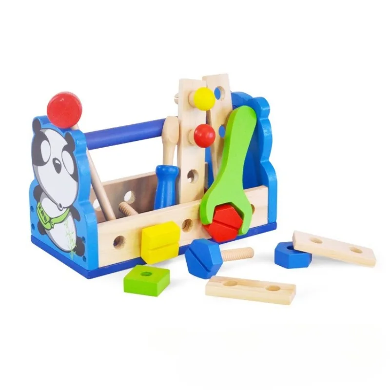 Engraçado caixa de ferramentas de reparo de panda de madeira crianças carpinteiro construção segura chave de martelo de madeira adereços conjunto menino fingir jogar brinquedo de jogo