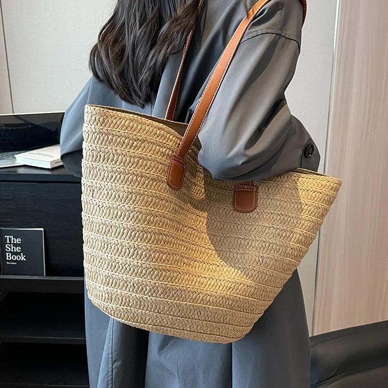 

Large Capacity Beach Shopping Bags Luxury Designer Rattan Woven Shoulder Bag Women Handmade Straw Handbags Summer Travel Bag