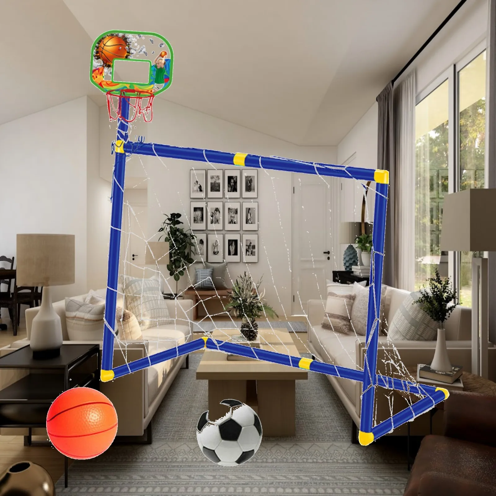 

Plastic Basketball Hoop with Soccer Goal Frame Portable Sport Toy Set for Football Basketball Kids Playtime