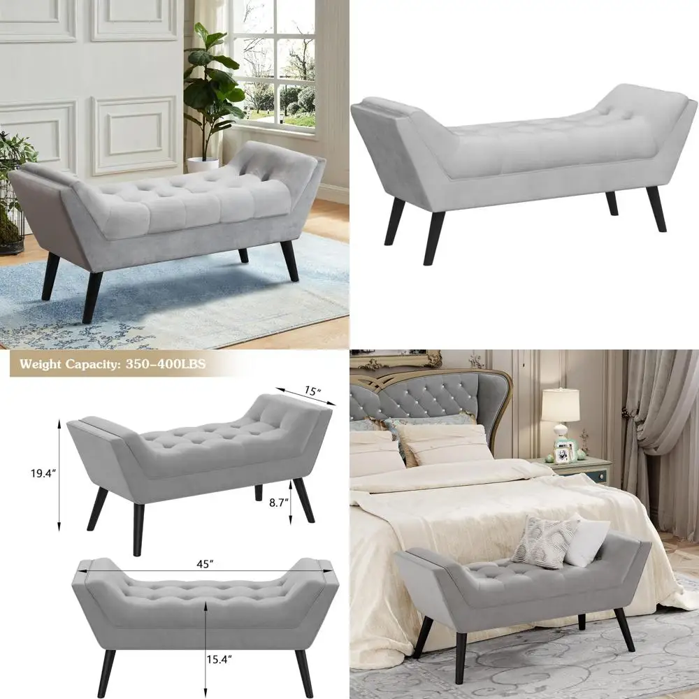 

Gray Upholstered Bed Bench with Tufted Ottoman Footstools for Bedroom