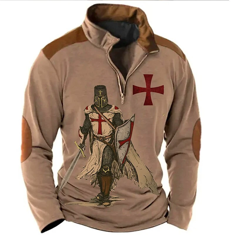 Funny Crusader Knights Printed Men's T Shirt Fashion Stand Collar Half Zip Long Sleeve Hoodie Autumn Sweatshirts Vintage Clothes