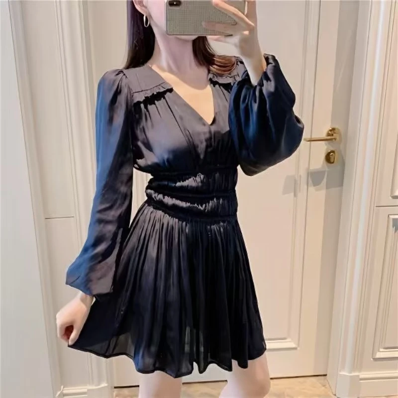 Luxury Designer Elegant Simulated Silk Fabric V-neck Party Vacation Trendy Women's Dress Solid Color Glamorous Feminine Clothes