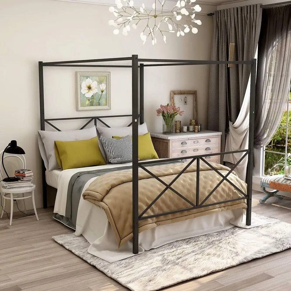 

Full Size Metal Slat Platform Bed with Footboard, Heavy Duty, Textured Black