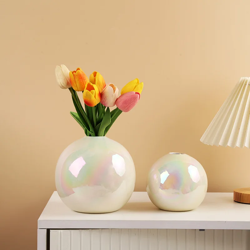 Beautiful Colored Pearl White Spherical CeramicVase Home Decoration Flower Arrangement Artificial Vase Room Aesthetic Decoration