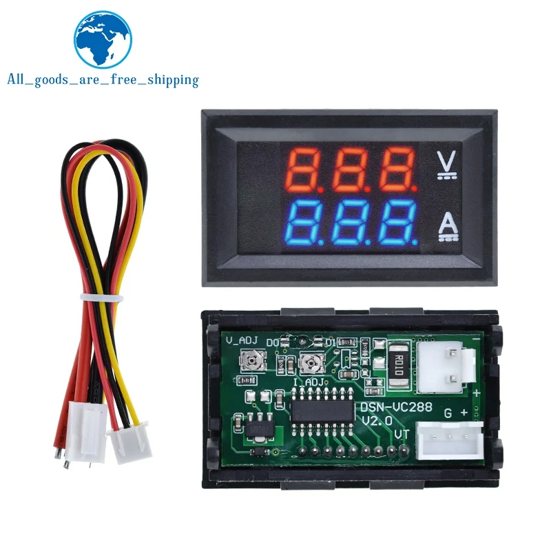 TZT DC 0-100V 10A Digital Voltmeter Ammeter Dual Display Voltage Detector Current Meter Panel Amp Volt Gauge 0.28" Red Blue LED