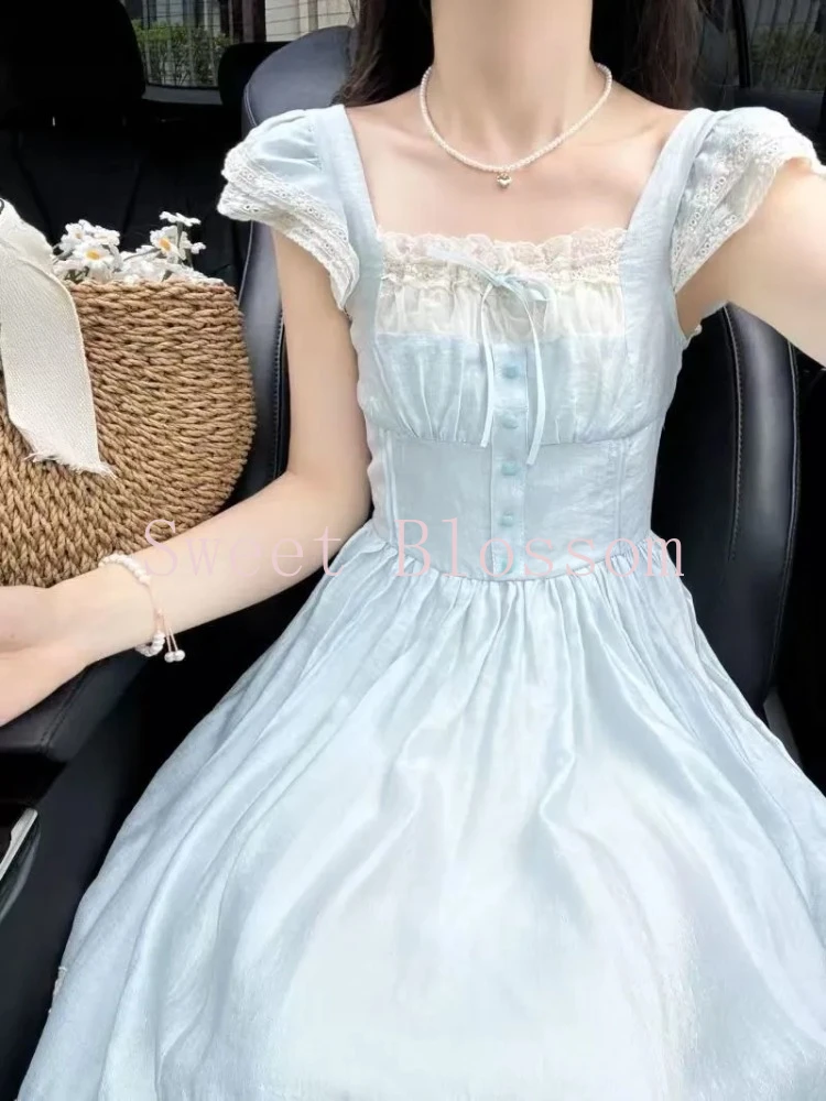 Französisch Elegante Retro Süße Blaue Kleid Frauen Neue Design Mode Spitze Patchwork Kleider Sommer Harajuku Dünne Nette Y2k Kleidung 2025