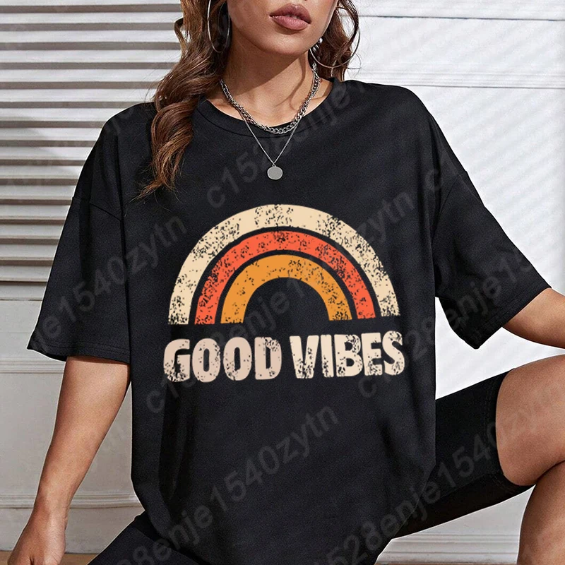 

Rainbow & Good Vibes Graphic T-shirt, Women Oversized Short Sleeve T Shirt, Summer Soft Round Neck Tee Shirt Tops