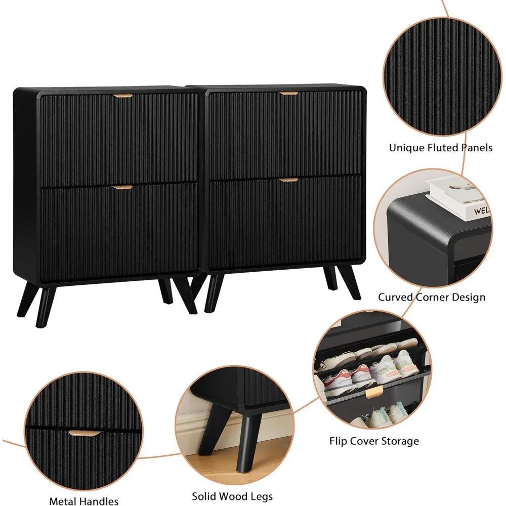 pair of decorative shoe storage cabinets for entryway, slim curved shoe cabinet with dual flip drawers, freestanding wooden conc