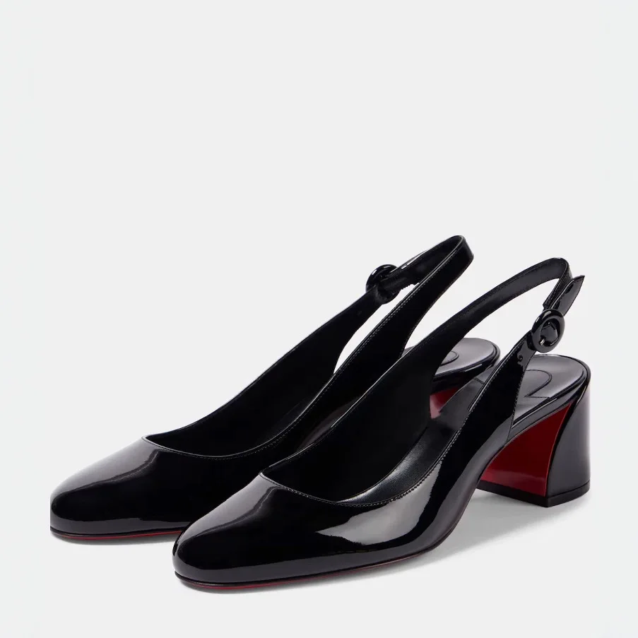 

Black White Color Patent Leather Women Sandals Round Toe Back Buckle Strap Female Pumps Red Sole Shoes Chunky High Heels Concise