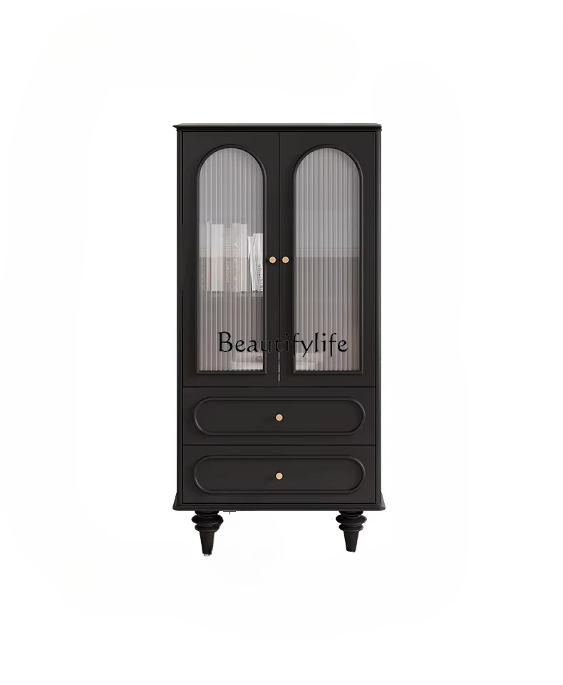 

French retro TV cabinet, black antique locker, home living room against the wall for storage