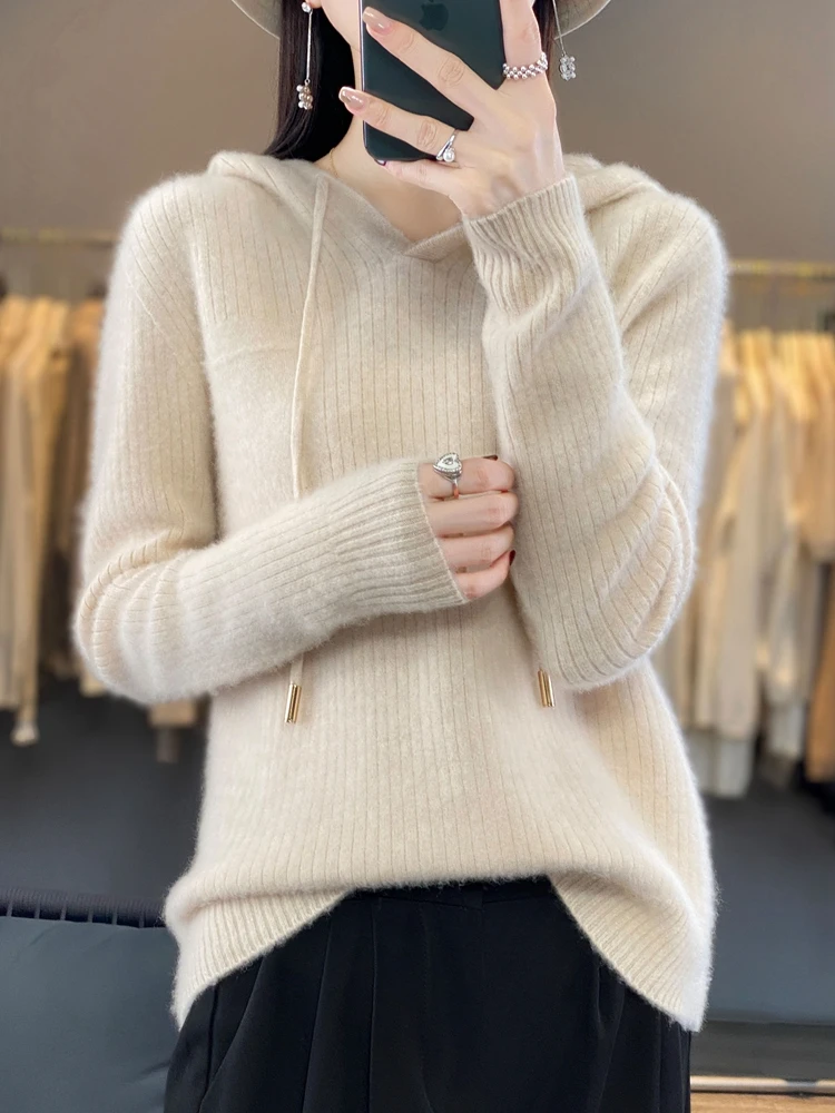 Pull en cachemire pour femme, 100% laine mérinos, pull en tricot, sweat à capuche confortable, vêtements chauds pour femme, haute qualité, printemps, automne