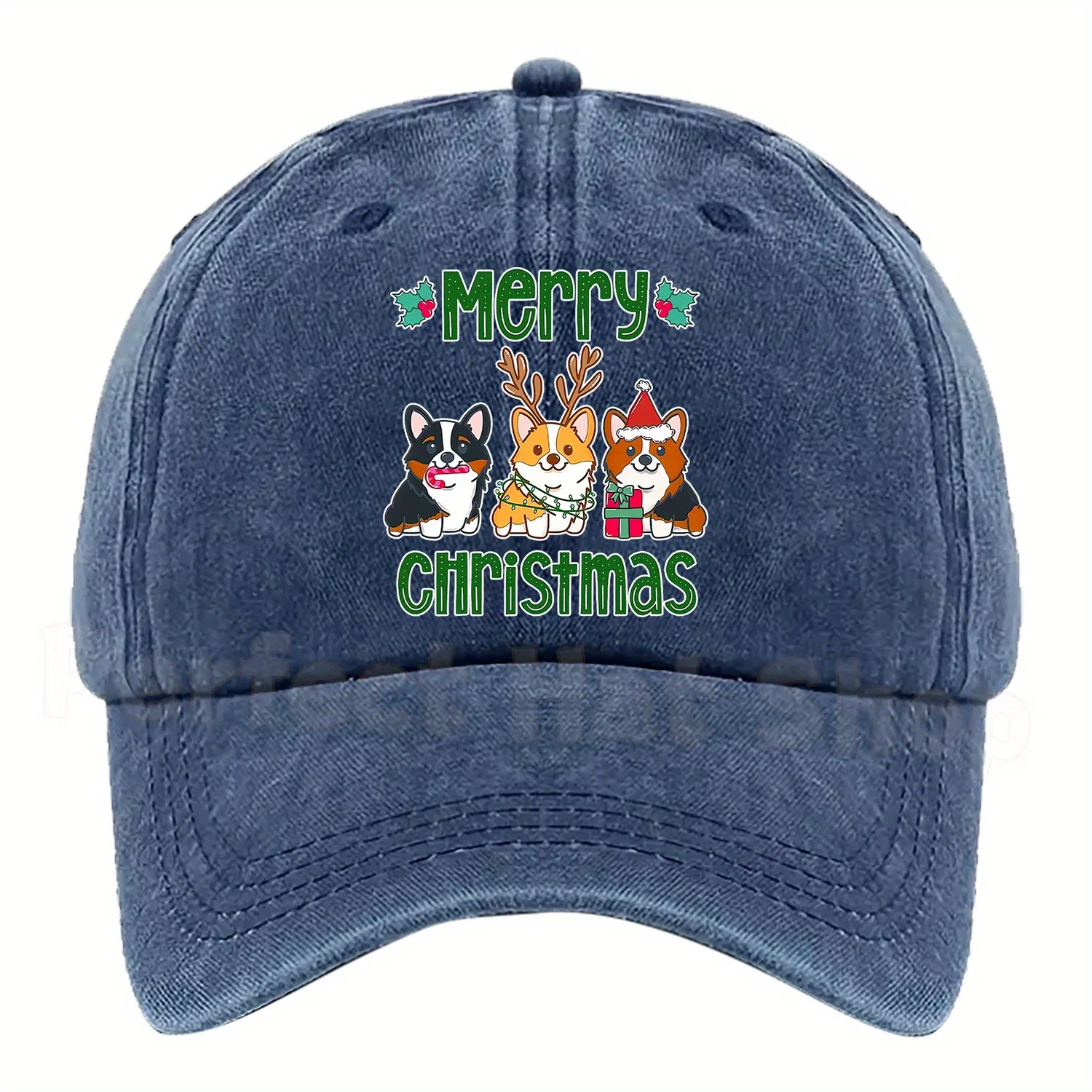 A Christmas-Themed Baseball Cap Featuring Three Adorable Corgi Dogs, Available in Multiple Colors with an Adjustable Size