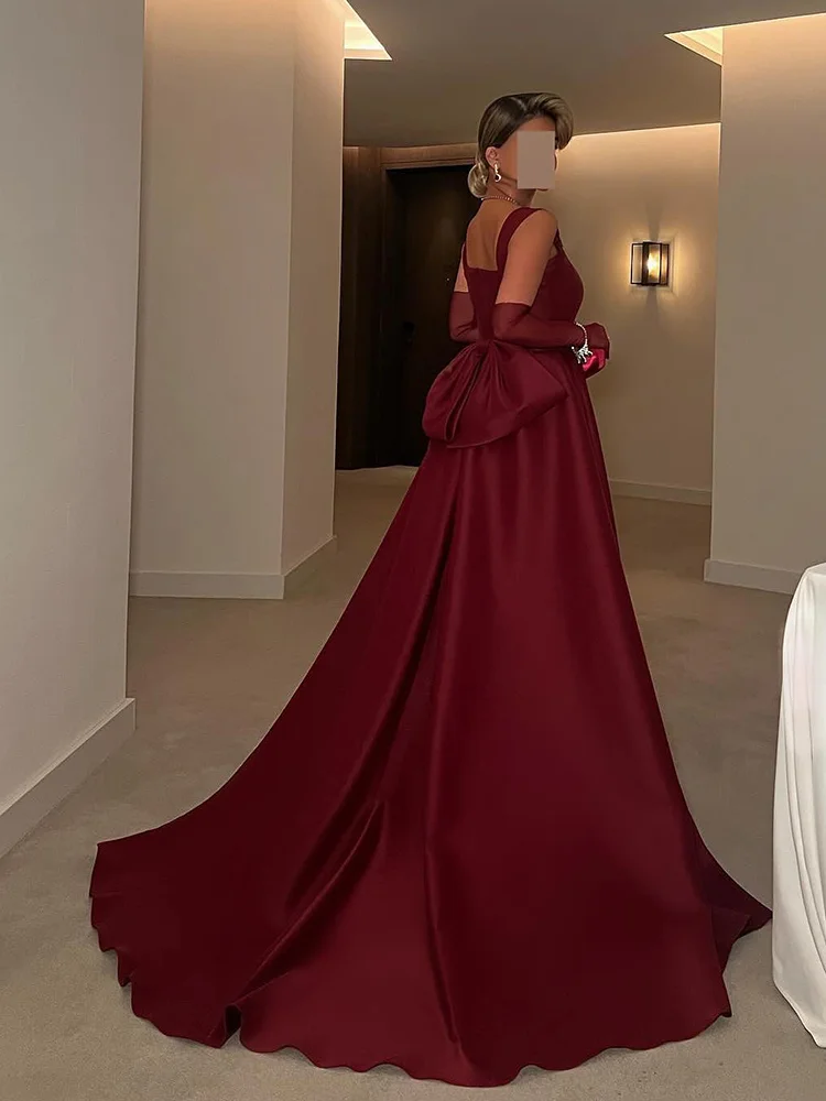 Adeli Sexy Burgundy A-Line Prom Dress Women's Saudi Square Neck Bow Party Evening Gown Floor Length Special Occasion Dresses image 2