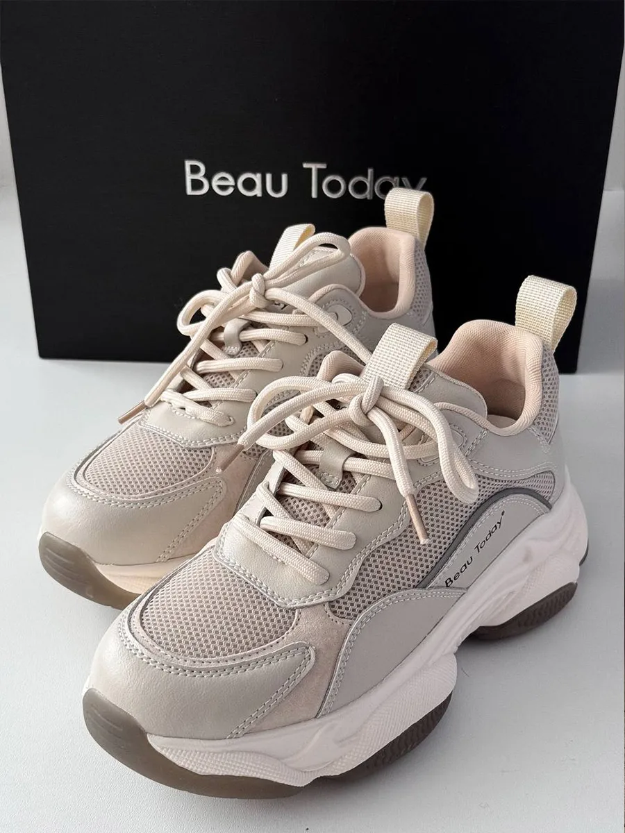 BeauToday Casual Sneakers Women Synthetic Leather Lace-up Design Platform Round Toe Chunky Sole Ladies Trainers Handmade A29401