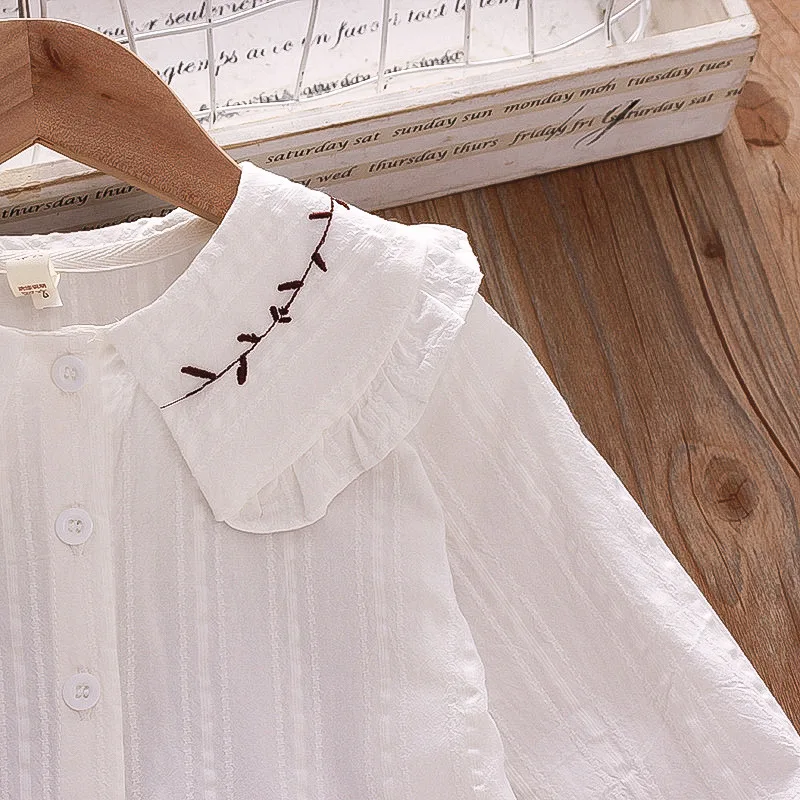 Girls Long Sleeve Shirt Big Lapel Ruffle Embroidered Shirt