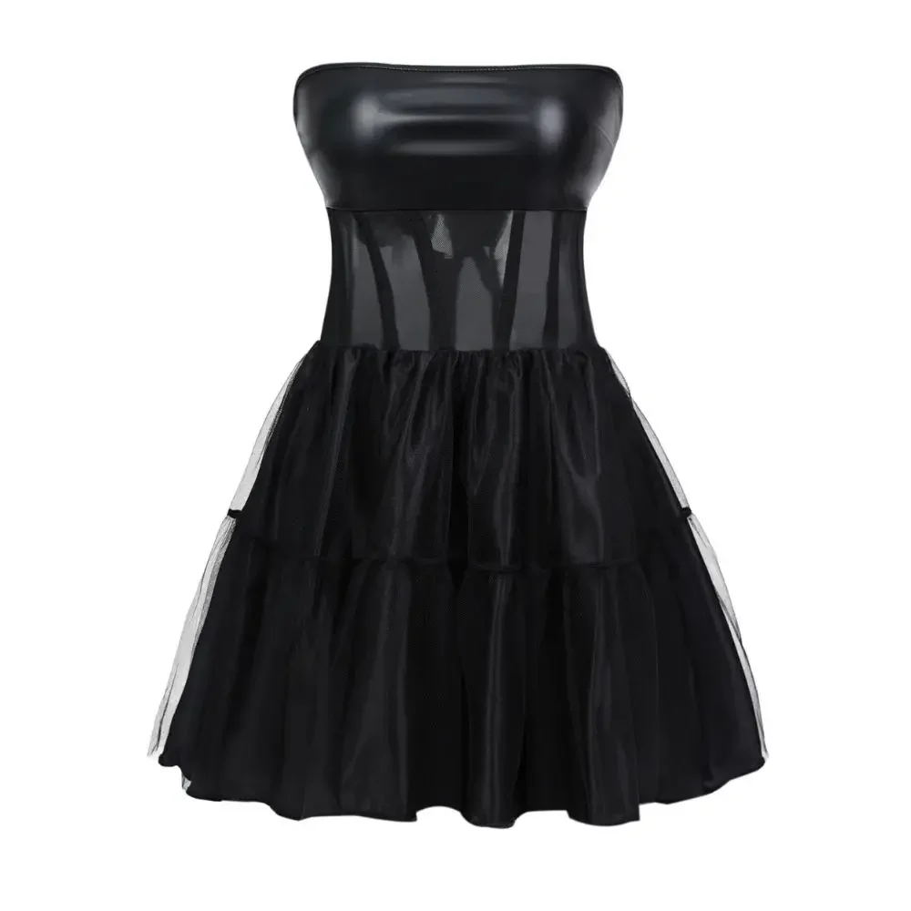 

Женское сексуальное вечернее платье с открытой спиной, розовое, черное, сетчатая вставка, прозрачный подол с рюшами, корсет из искусственной кожи, Rave Sweetness