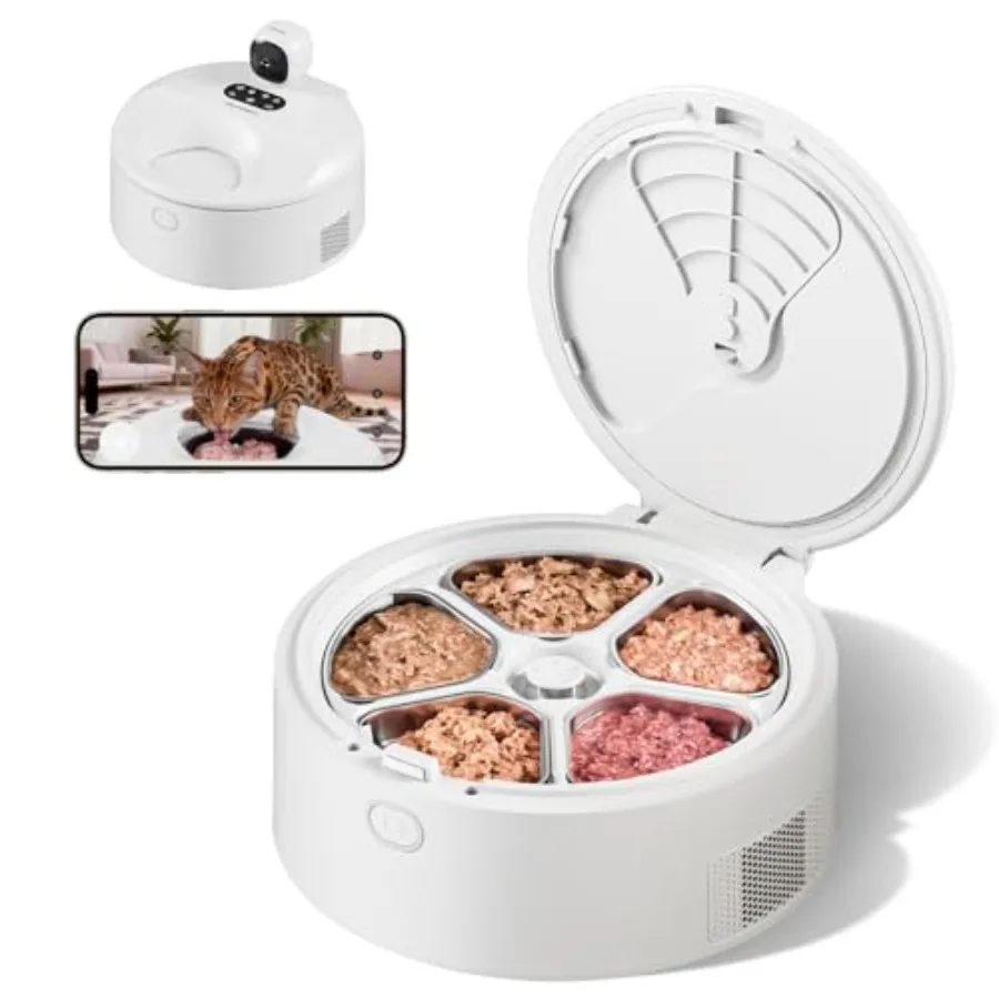 

Automatic Cat Feeder for Wet Food Stainless Steel Tray White Semiconductor Cooling Pre-Heating 5-Meal Dispensing with Night Vis