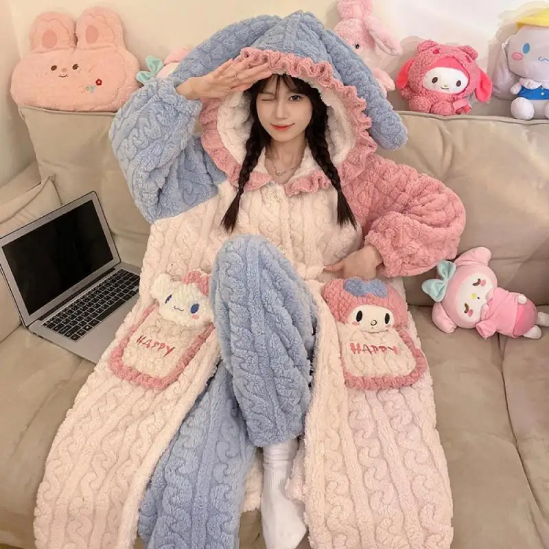 2Pcs Hello Kitty Women's Plush Pajamas Suit Sanrioed My Melody Kuromi Winter Homewear Cartoon Hooded Robe Thicken Warmth Soft