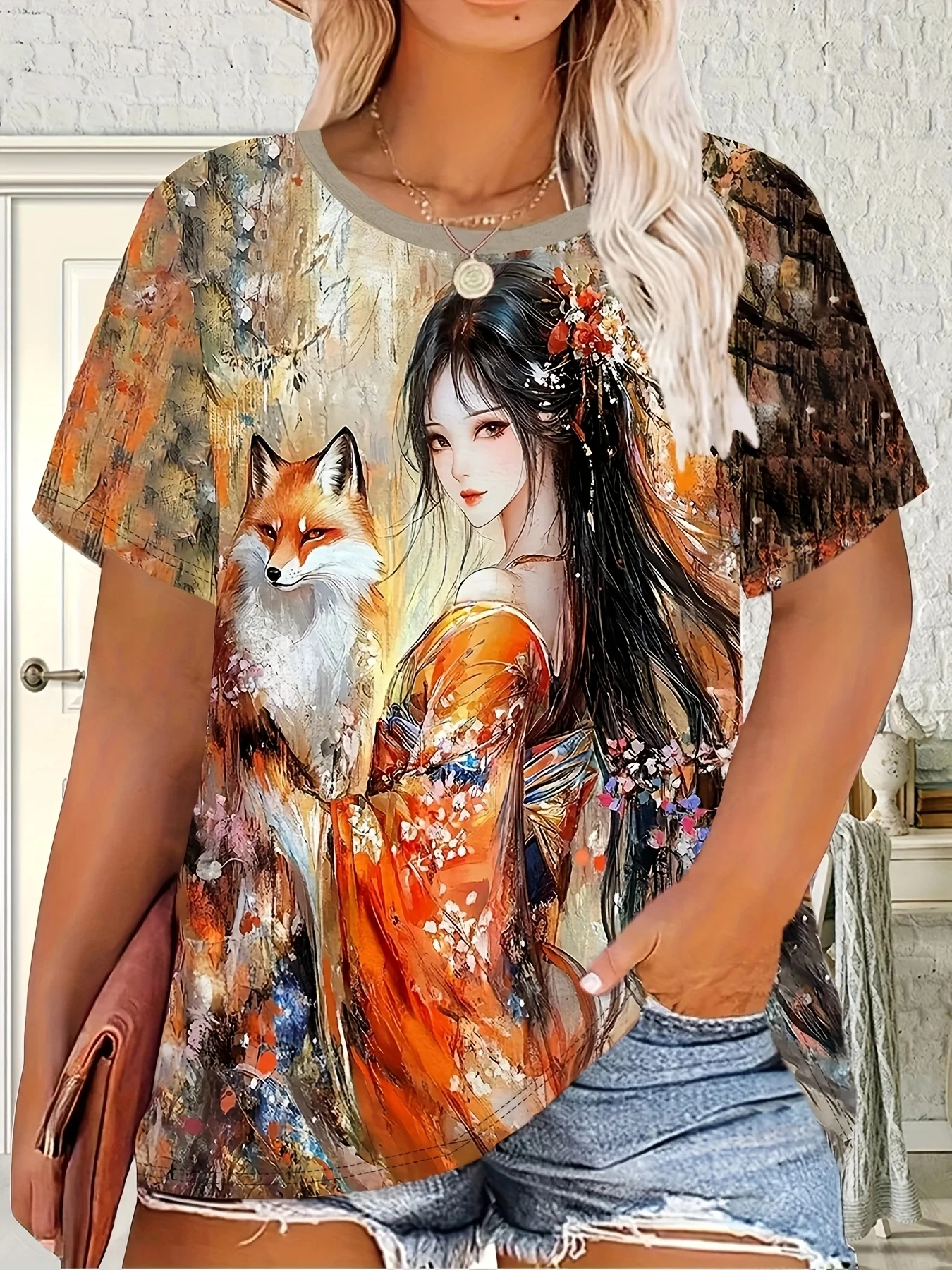 Women Crew Neck Short Sleeve T‑Shirt, Oriental Ancient Style Beauty With Red Fox Art Graphic Casual Tee