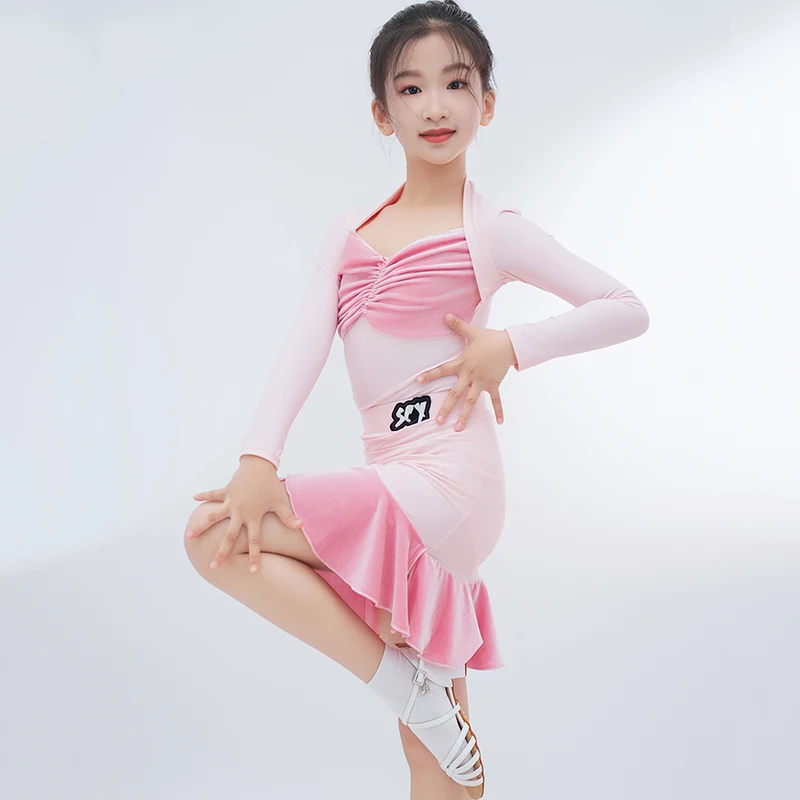 

Velvet Pink Latin Dance Dress Girls Bodysuit with Pleated Big Skirt Hem Practice Performance Set Ballet Dancewear Costume