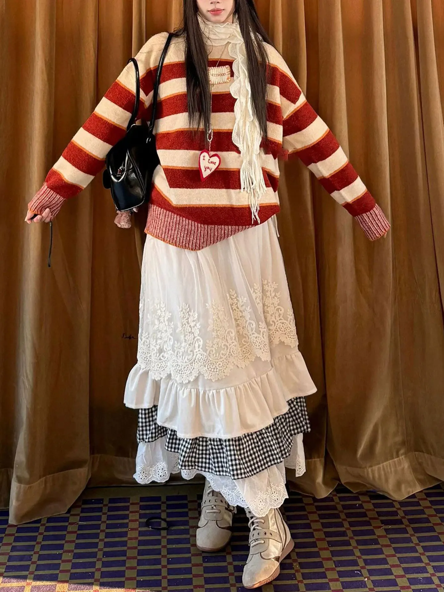 Chic Lace Plaid Splicing  Skirt Women's Autumn Winter Heavy Sweet Girl Design Slimming Long Skirt Casual Style A-Line Skirt