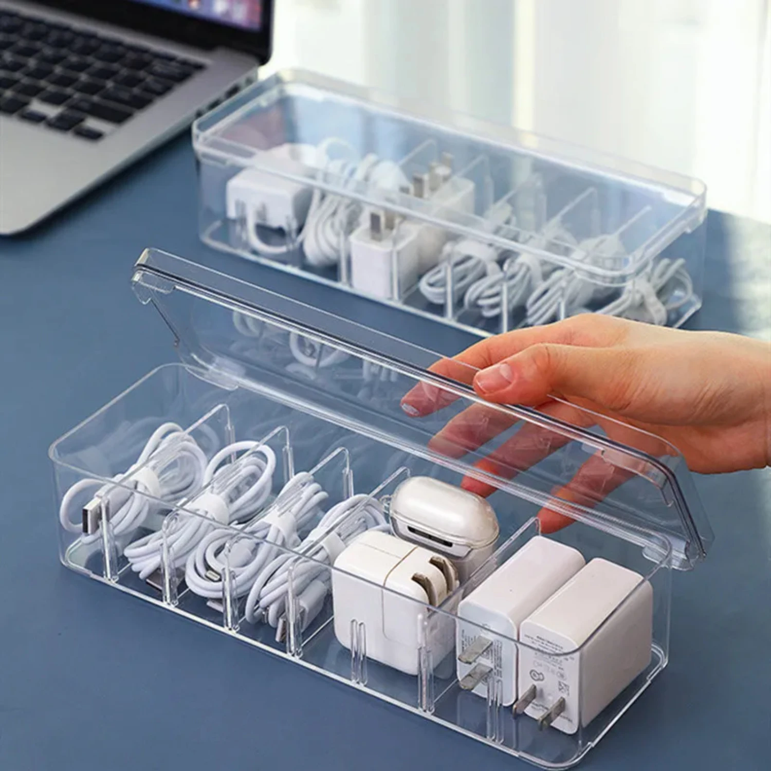 

See-Through Charge Cable Organizer Box,Data Cable Management Box USB Cord Sorter, Small Desk Accessories Organizer and