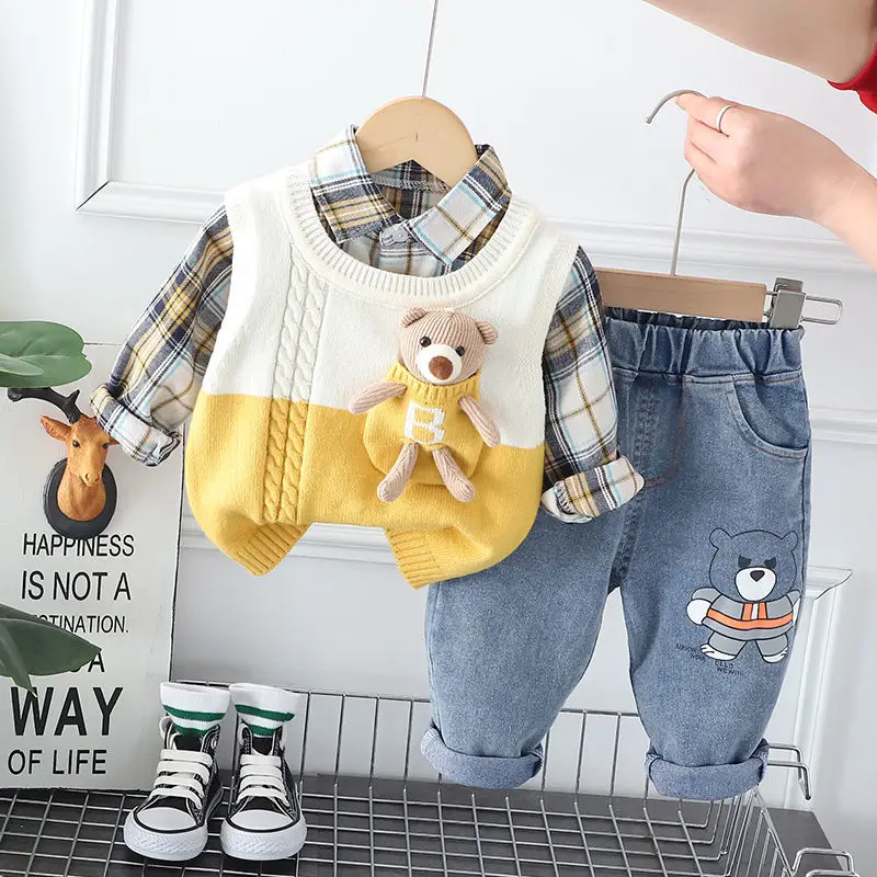 Spring and Autumn Baby Boys Clothing Set New Children\'s Sweater Vest Shirt Pants 3-piece Set Kids Outfits 6M 2T 3T 4T 5T