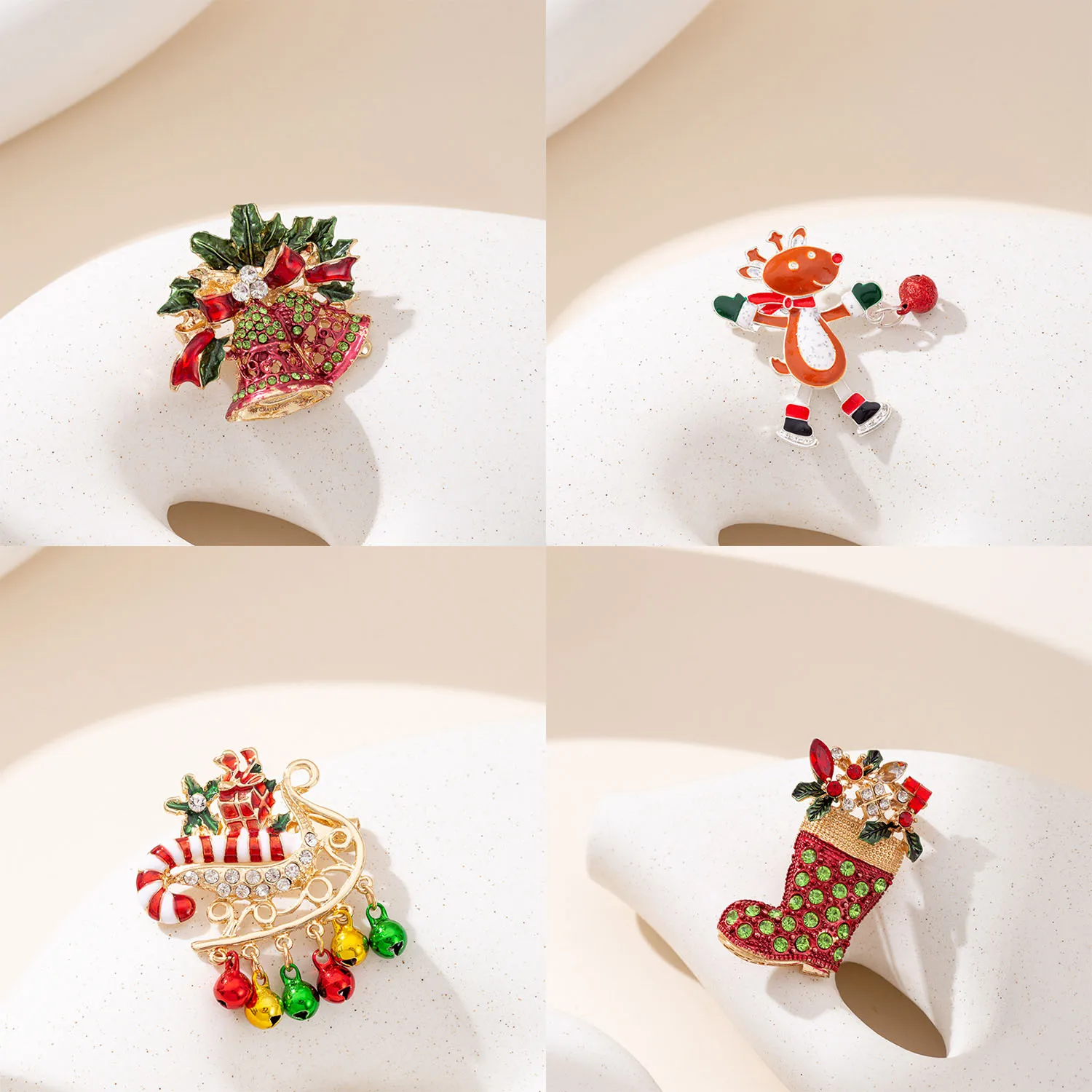 Christmas element brooch with full diamonds, socks, colored bells, sleds, fruit deer, red green contrasting