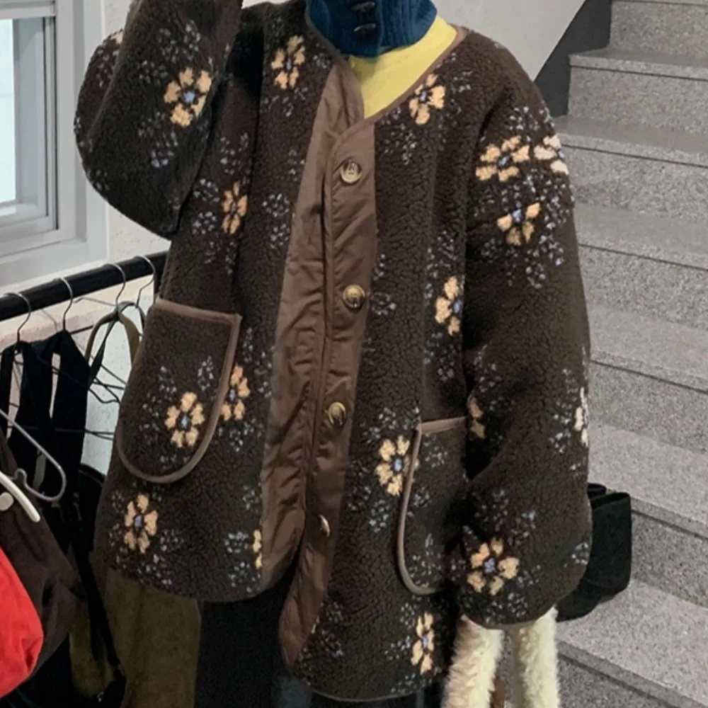 Retro Chic Winter Faion Patchwork Pelliccia di agnello Misto cotone Caldo versatile Cappotto in cotone Jaet Coreano Sle Loose Fit Lungo Sve