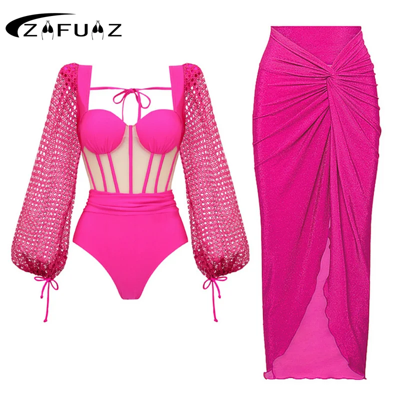 ZAFUAZ2024 Women One Piece Swimsuit and Skirt Mesh Hollow Long-sleeved Net Yarn Splicing Swimwear Summer Bathing Suit Beachwear