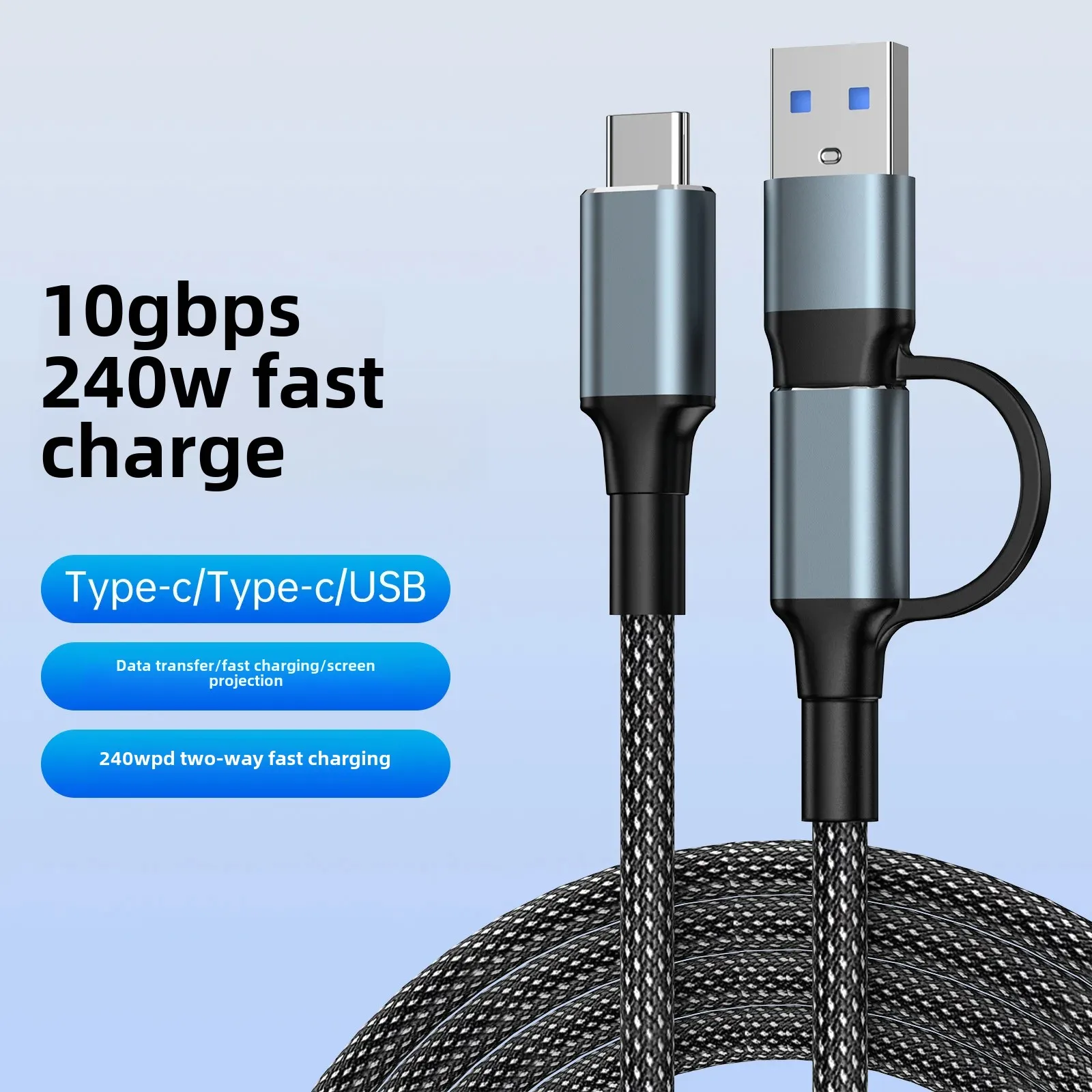 Floveme New PD240W Super Fast Charge Motorcycle Data Cable USB3.1 Mobile Phone Charging Cable Two-In-One Design For Motorbikes