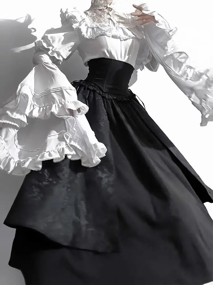 2025 Neues Gothic-Hemd Y2k Top Lolita Mädchen Rüschen Regenschirmrock Hohe Taille Lange Röcke Horn Langarm Student Elegante Bluse