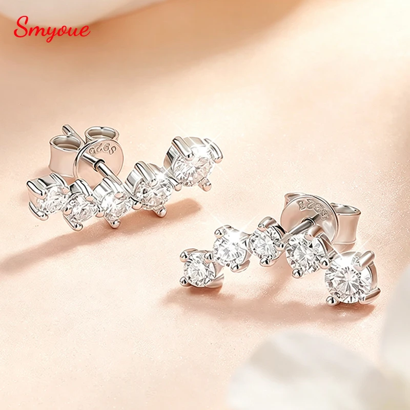 Smyoue 1.16cttw Gradient All Moissanite Smile Stud Earrings for Women 5 Stones Sparkling Wholesale S925 Sterling Silver Jewelry