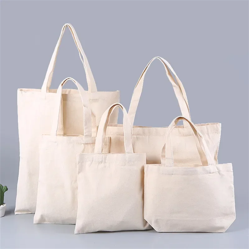 5 pcs Canvas Shopping Bags Blank Folding Eco-Friendly Cotton Shoulder Tote Bag Reusable Grocery Handbag customize print logo