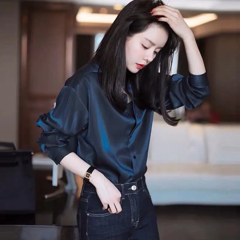 Chemises à manches longues pour femmes, col carré mince, vêtements décontractés pour femmes, chemises bleu marine, revers, boutons de bureau pour