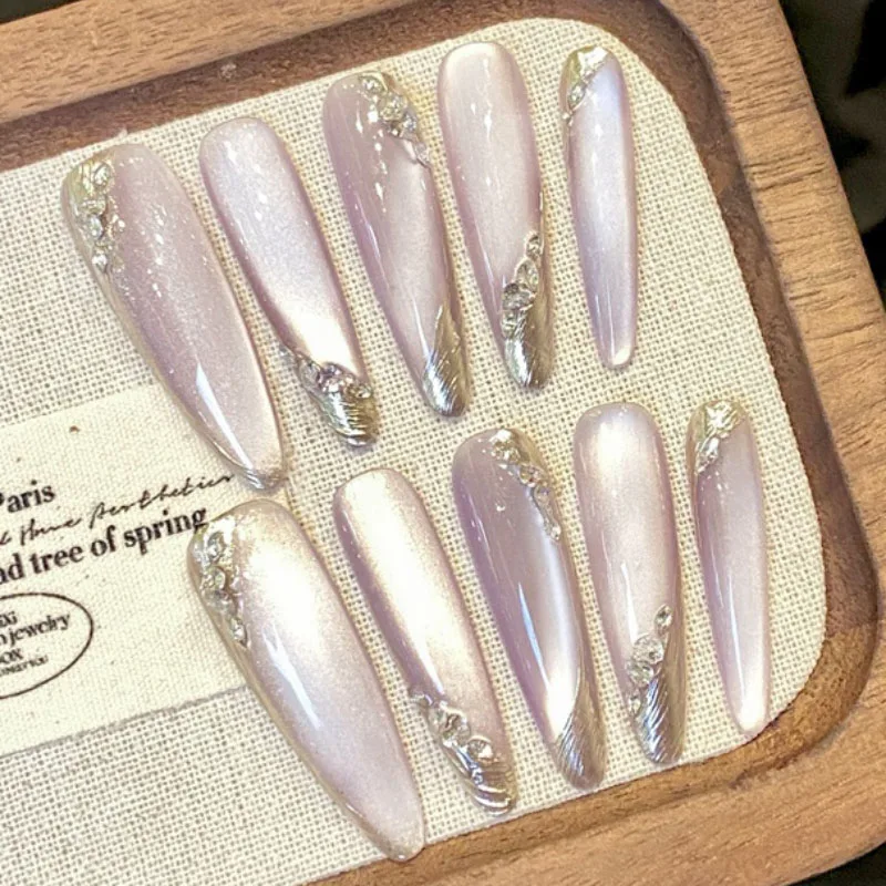 

Amethyst Veil | Delicate 10pcs Handmade Fake Nails 4.0cm Long Stiletto Press On Nails Cateyes Crystal Wearable Nail Art Patches