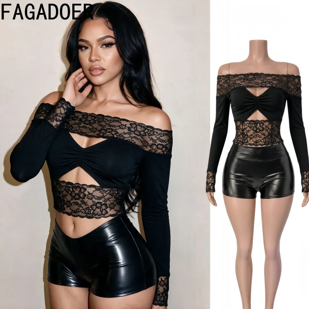 FAGADOER Women Sexy Lace Crop Top and PU Leather Shorts 2 Piece Set Off Shoulder Long Sleeve Bodycon Birthday Club Night Outfit