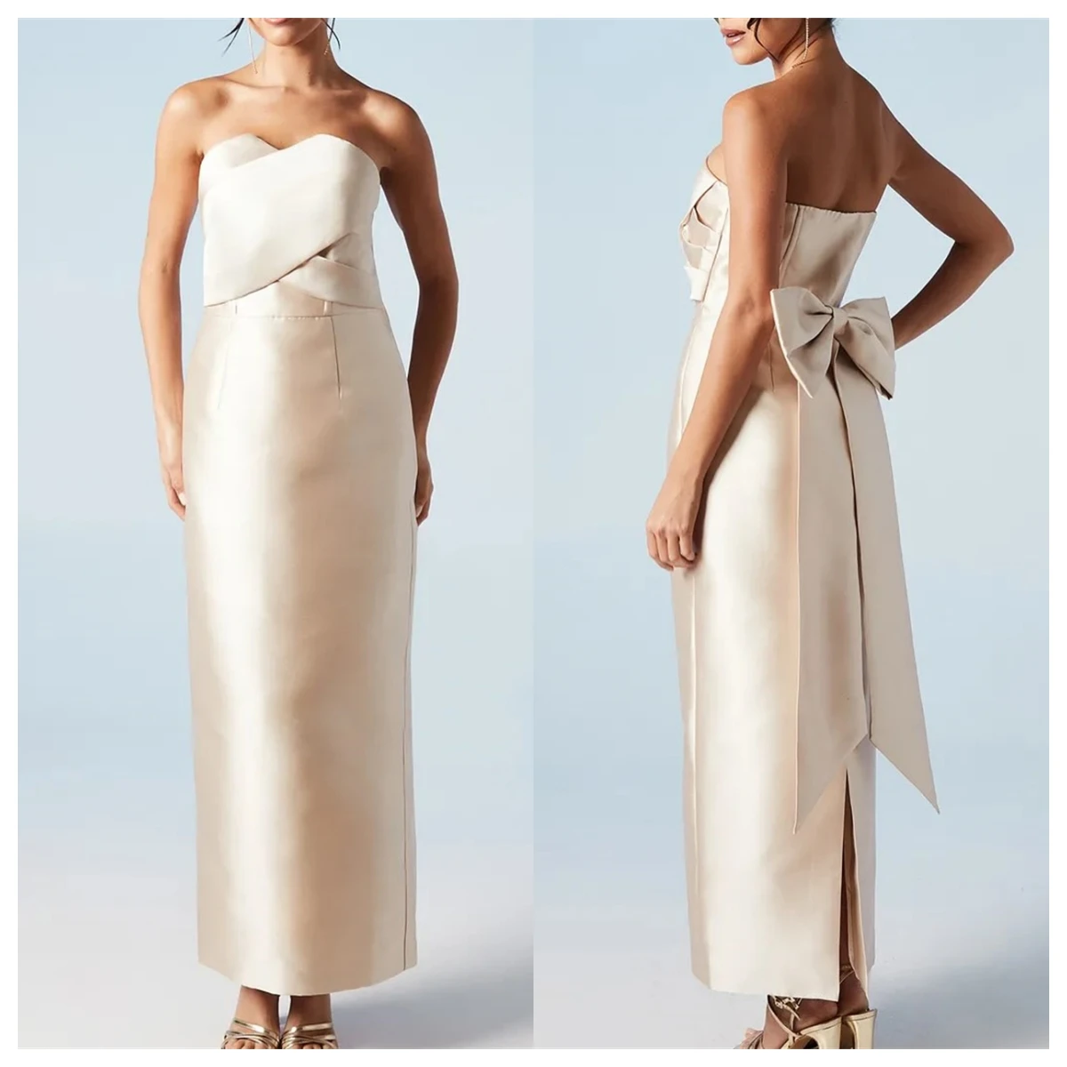 Vestido de noche de satén marfil elegante personalizado, sin tirantes, sin mangas, vestido de fiesta con lazo, vestidos para ocasiones especiales de alta calidad