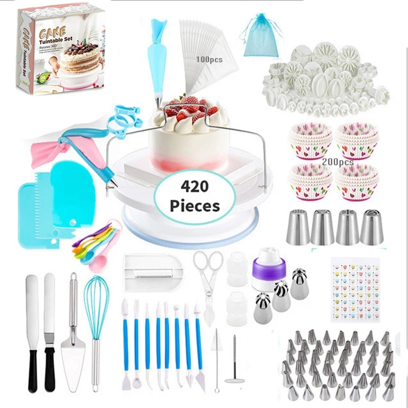 

420pcs Cake Rotating Turntable Cake Baking Kit Color Measuring Spoon Egg Beater Baking Utensils Set Kitchen Accessories