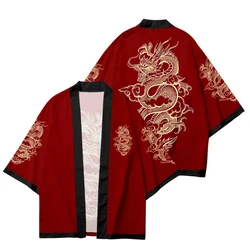 Cárdigan japonés Haori con estampado de dragón en 3D para mujer, vestido tradicional asiático, Cosplay, camisa roja, Kimono de playa Harajuku, 2024