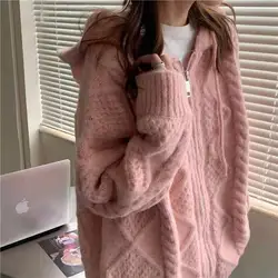 Korean Fashion Knit Cardigan Women 2023 Autumn Winter Casual Loose Zipper Hooded Thick Sweater Coat Long Sleeve Pink Top Y2k Ins