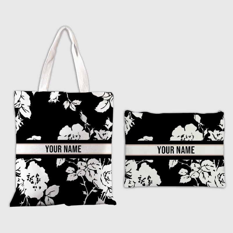 Vintage Floral Name Cosmetic Bag Tote Handbag Set For Women Travel Shopping Organizer Custom Wedding Gift Side Bag for Ladies