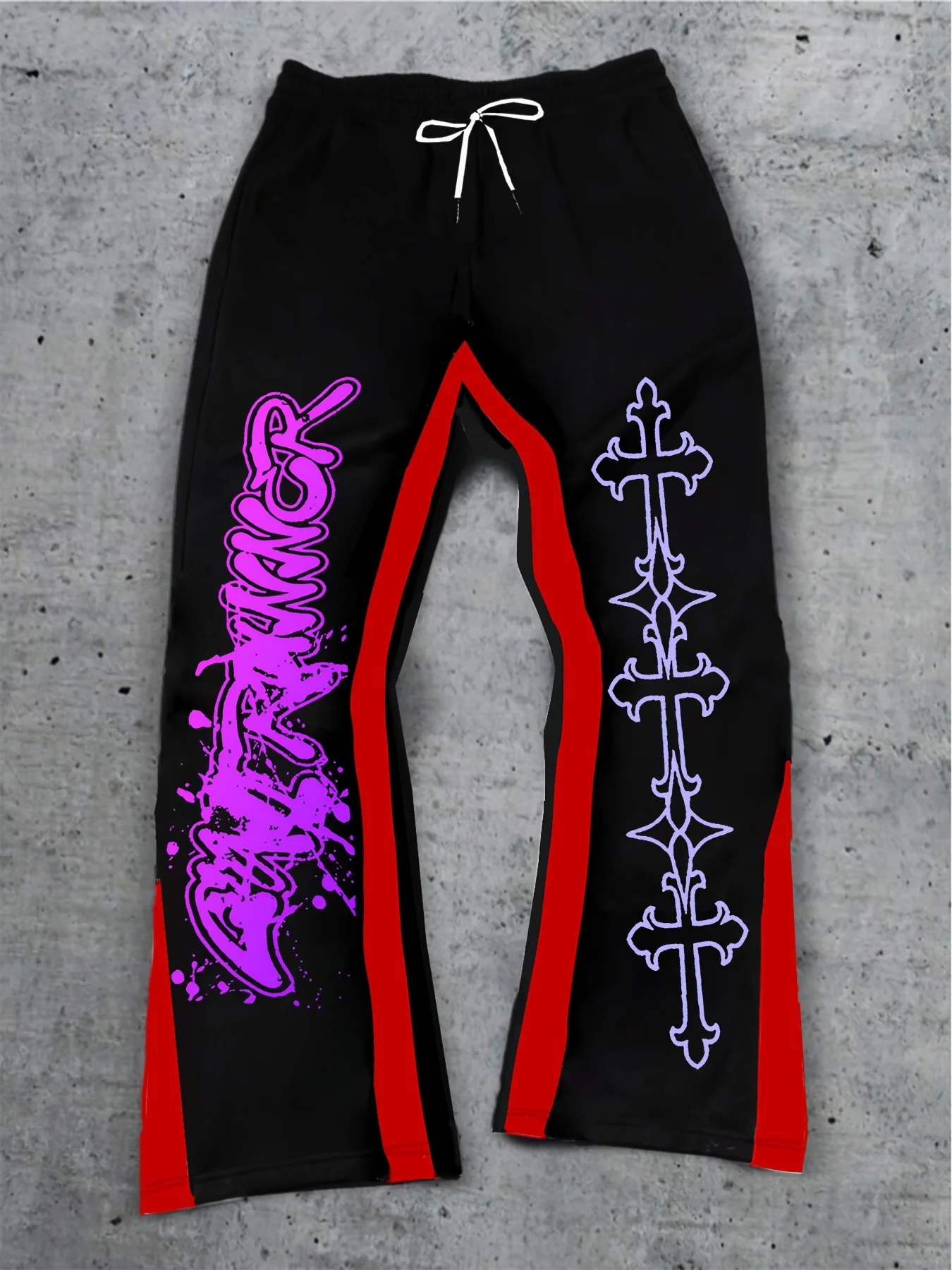 

Casual Hiphop Streetwear Trendy Trousers Black Unisex Fashion Purple Cross and Letters Pattern Y2K Printing Pants