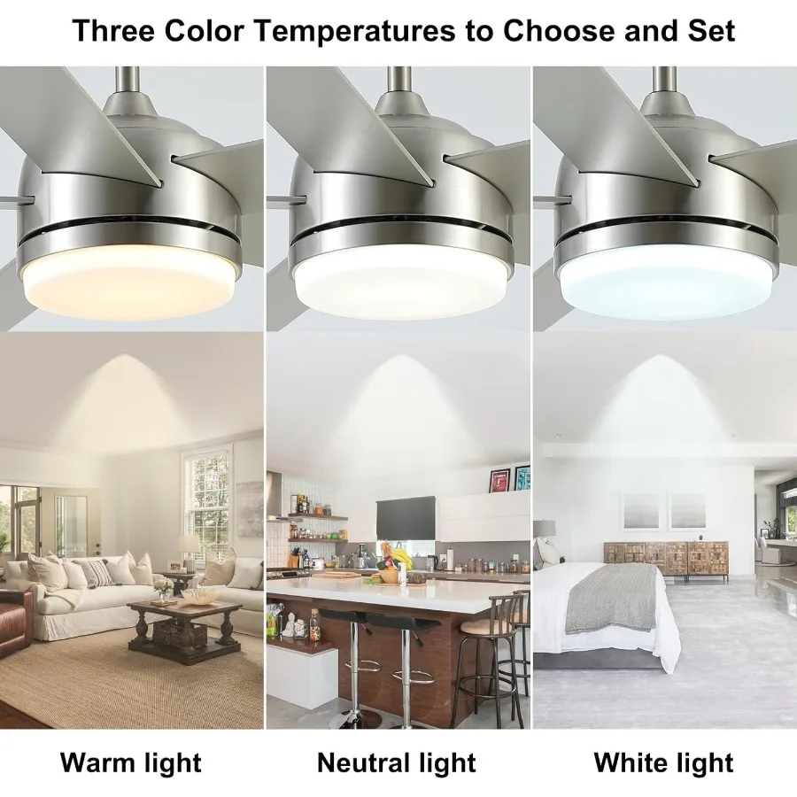 พัดลมเพดานนิกเกิลขัดเงาขนาด 60 นิ้วพร้อมไฟในตัวและรีโมทคอนโทรลสำหรับใช้ภายในหรือกลางแจ้งแบบมีหลังคา: ทำงานไร้เสียง